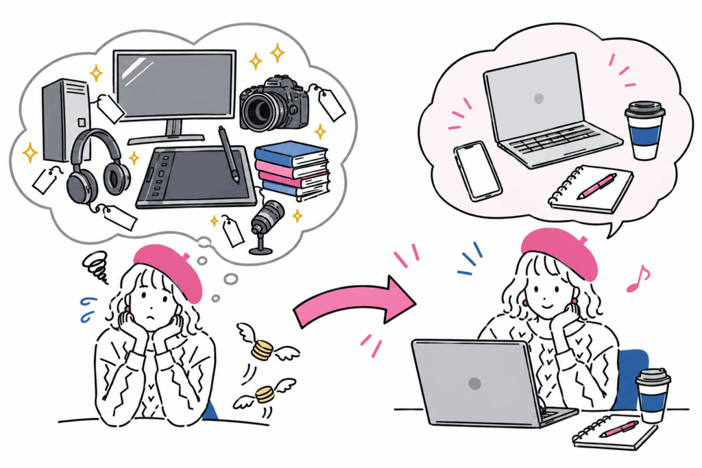「始めるために買う」のではなく、続けられそうだと分かってから買う順番にすると、無駄な出費を抑えられます。