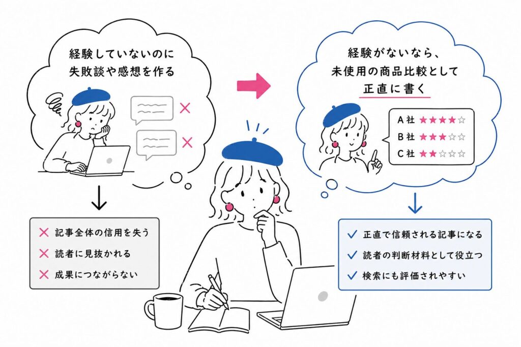 自分で経験していない失敗談や感想を作らせると、記事全体の信用を失います。
経験がないなら、未使用の商品比較として正直に書きます。