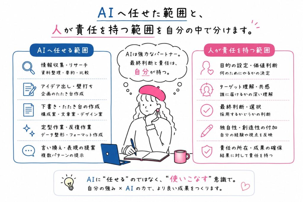 AIへ任せた範囲と、人が責任を持つ範囲を自分の中で分けます。