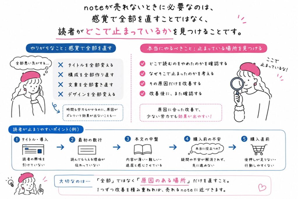 売れないからといって、いきなり全文を書き換える必要はありません。
止まっている場所によって、直すべき箇所は変わります。