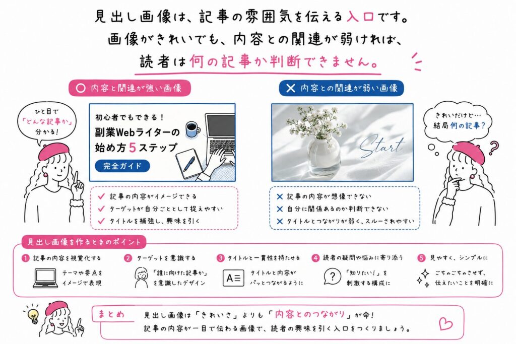 画像がきれいでも、内容との関連が弱ければ、読者は何の記事か判断できません。