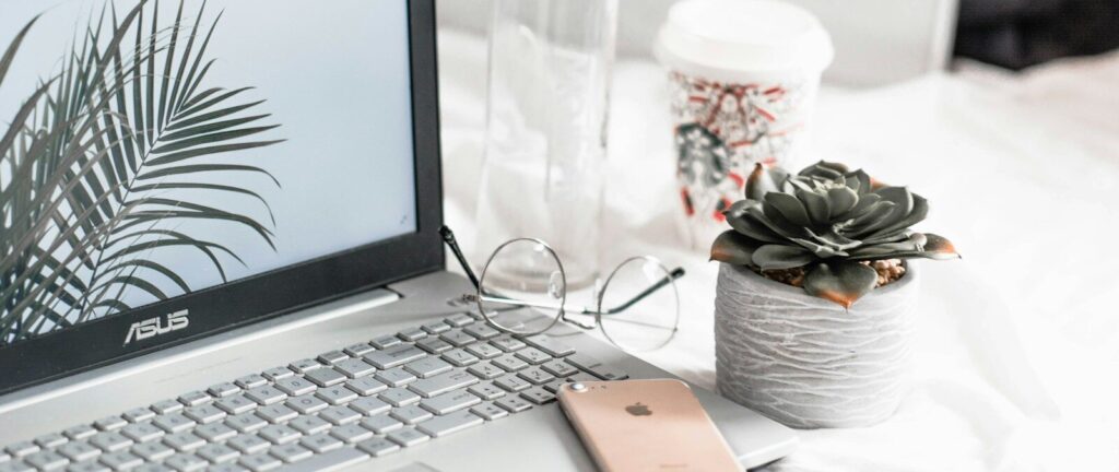 turned-on Asus laptop near eyeglasses, succulent plant, and empty clear glass bottle