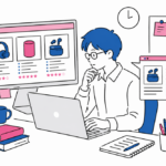 PC上で複数の商品写真やスペックを見比べながら、記事を書いている会社員