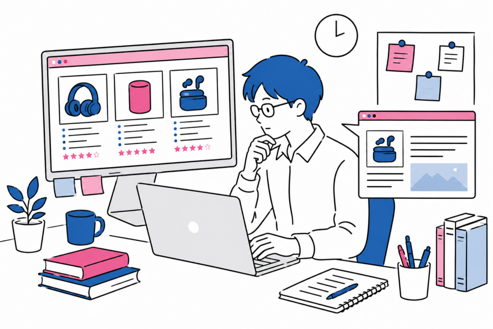 PC上で複数の商品写真やスペックを見比べながら、記事を書いている会社員
