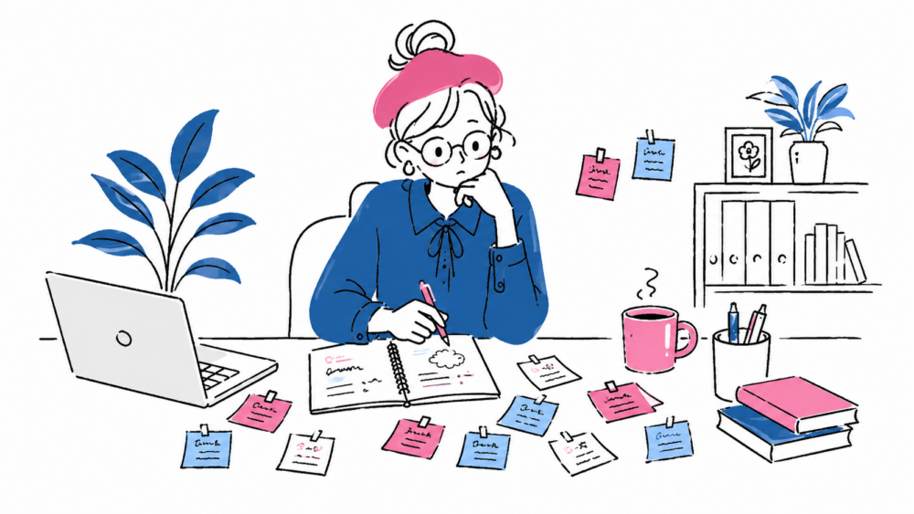 複数のブログテーマ候補を書いた付箋やノートを前に、どれを選ぶか考えている会社員。ジャンル一覧を図解する画像ではなく、選択に迷っている一場面として横長の挿絵にする